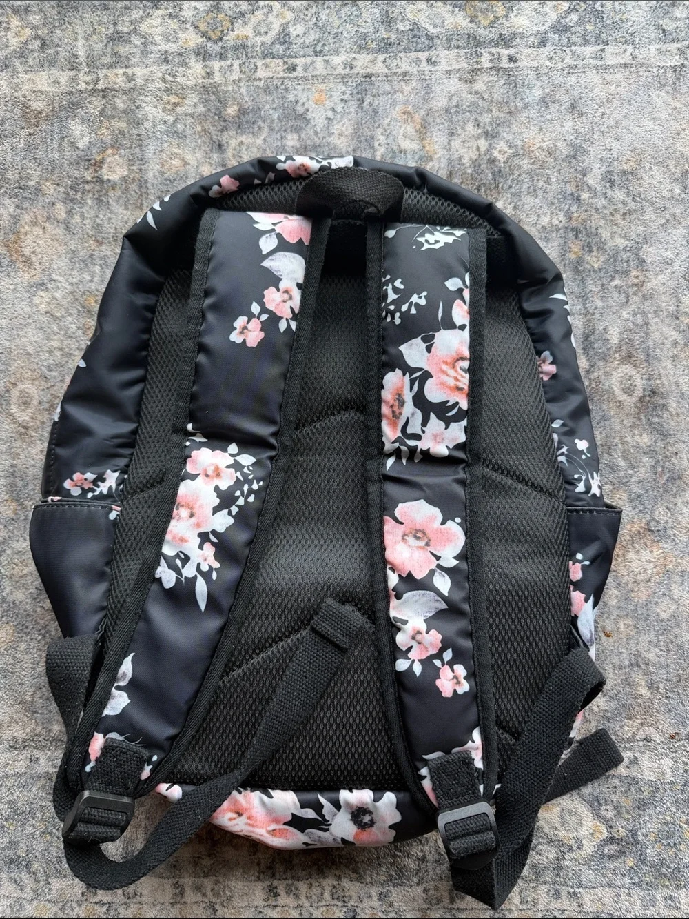 Floral Print Black Backpack with Pink Accent